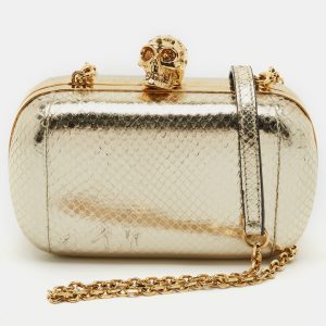 Alexander McQueen Gold Snakeskin Embossed Leather Skull Box Clutch Bag, Clutches & Special Occasion Bags - Luxury Closet catalog