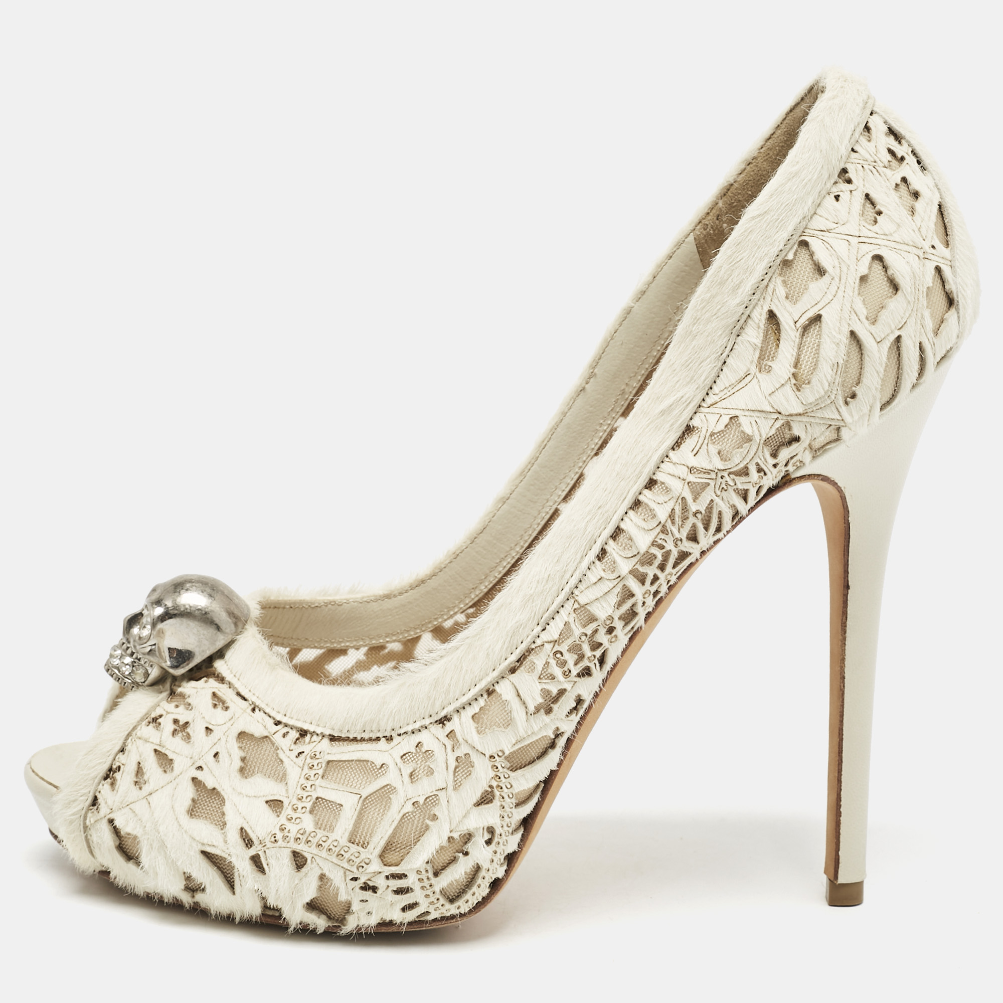 Alexander McQueen White Leather and Calf Hair Skull Embellished Peep Toe Pumps Size 40, Pumps - Luxury Closet catalog