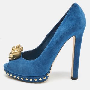 Alexander McQueen Blue Suede Skull Peep Toe Pumps Size 36.5, Pumps - Luxury Closet catalog