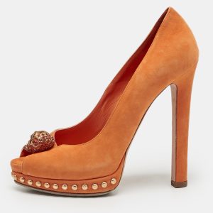 Alexander McQueen Orange Suede Skull Studded Peep Toe Pumps Size 37, Pumps - Luxury Closet catalog