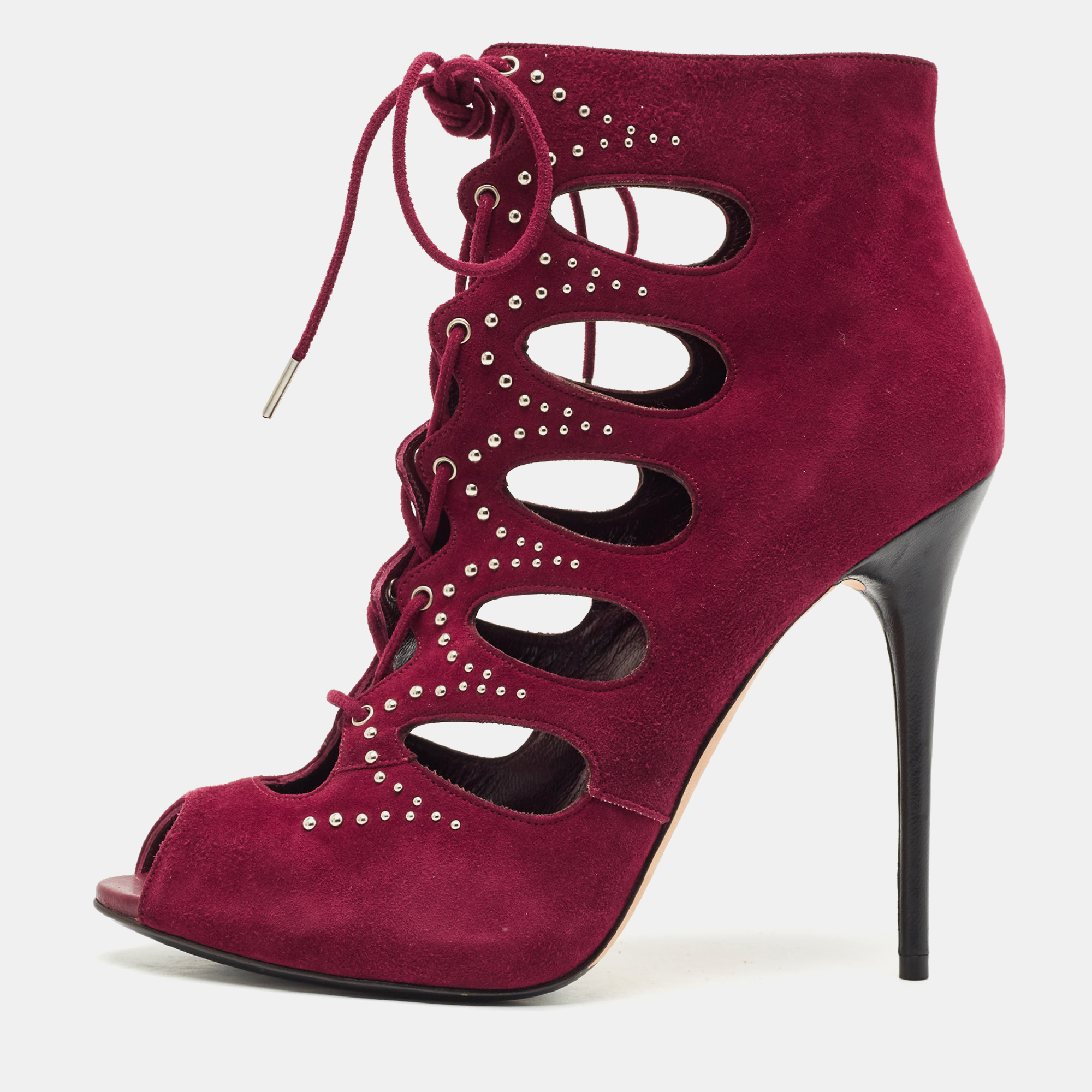Alexander McQueen Burgundy Cut Out Suede Studded Ankle Booties Size 38, Boots - Luxury Closet catalog