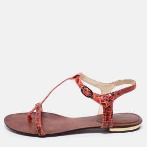 Alexandre Birman Red Python Leather T Strap Flat Sandals Size 38.5, Flats - Luxury Closet catalog