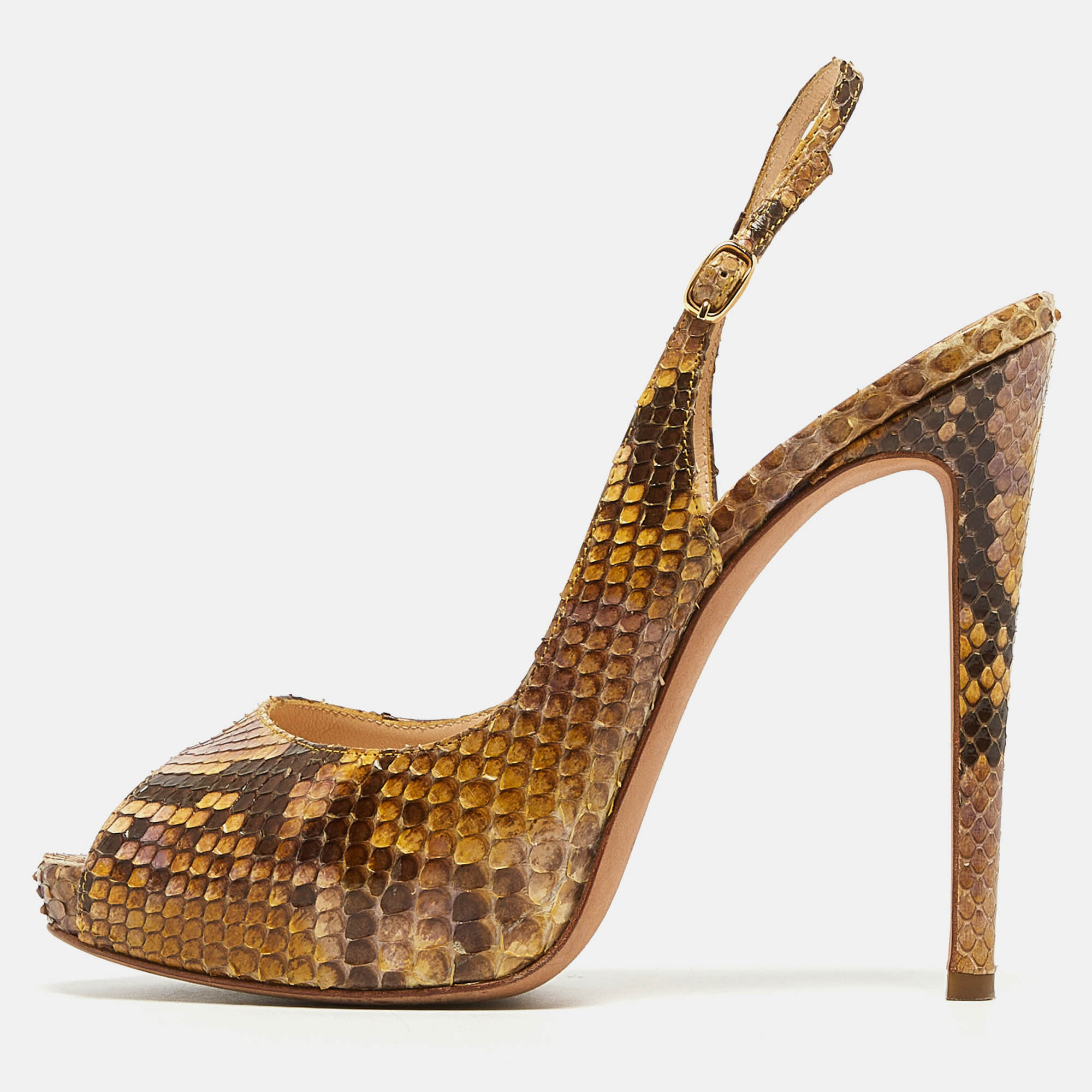Alexandre Birman Yellow/Brown Snakeskin Peep Toe Slingback Pumps Size 37, Pumps - Luxury Closet catalog
