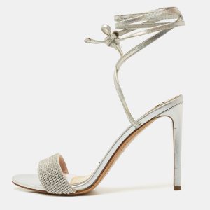 Alexandre Vauthier Silver Leather Crystal Embellished Ankle Wrap Sandals Size 39, Sandals - Luxury Closet catalog