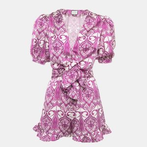 Alexis Purple Printed Satin Knotted Romper Jumpsuit XS, Suits - Luxury Closet catalog