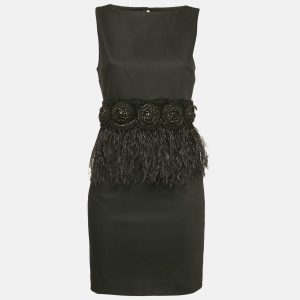 Alice + Olivia Black Feather Trim Crepe Marigay Rosette Peplum Dress S, Dresses - Luxury Closet catalog