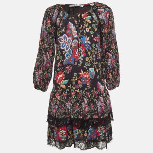 Alice + Olivia Black Floral Print Crepe & Lace Tiered Dress M, Dresses - Luxury Closet catalog