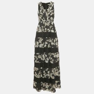 Alice + Olivia Black Floral Print Crepe Lace Detail Tiered Maxi Dress S, Dresses - Luxury Closet catalog