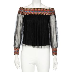 Alice + Olivia Black Embroidered Tulle Off-Shoulder Blouse XS, Shirts & Tops - Luxury Closet catalog