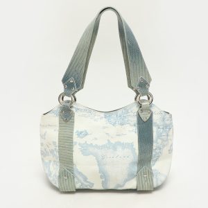 Alviero Martini 1A Classe Blue Geo Print Coated Canvas Vintage Shoulder Bag, Shoulder Bags - Luxury Closet catalog