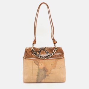 Alviero Martini 1A Classe Tan Geo Canvas and Python Embossed Leather Top Handle Bag, Satchels - Luxury Closet catalog