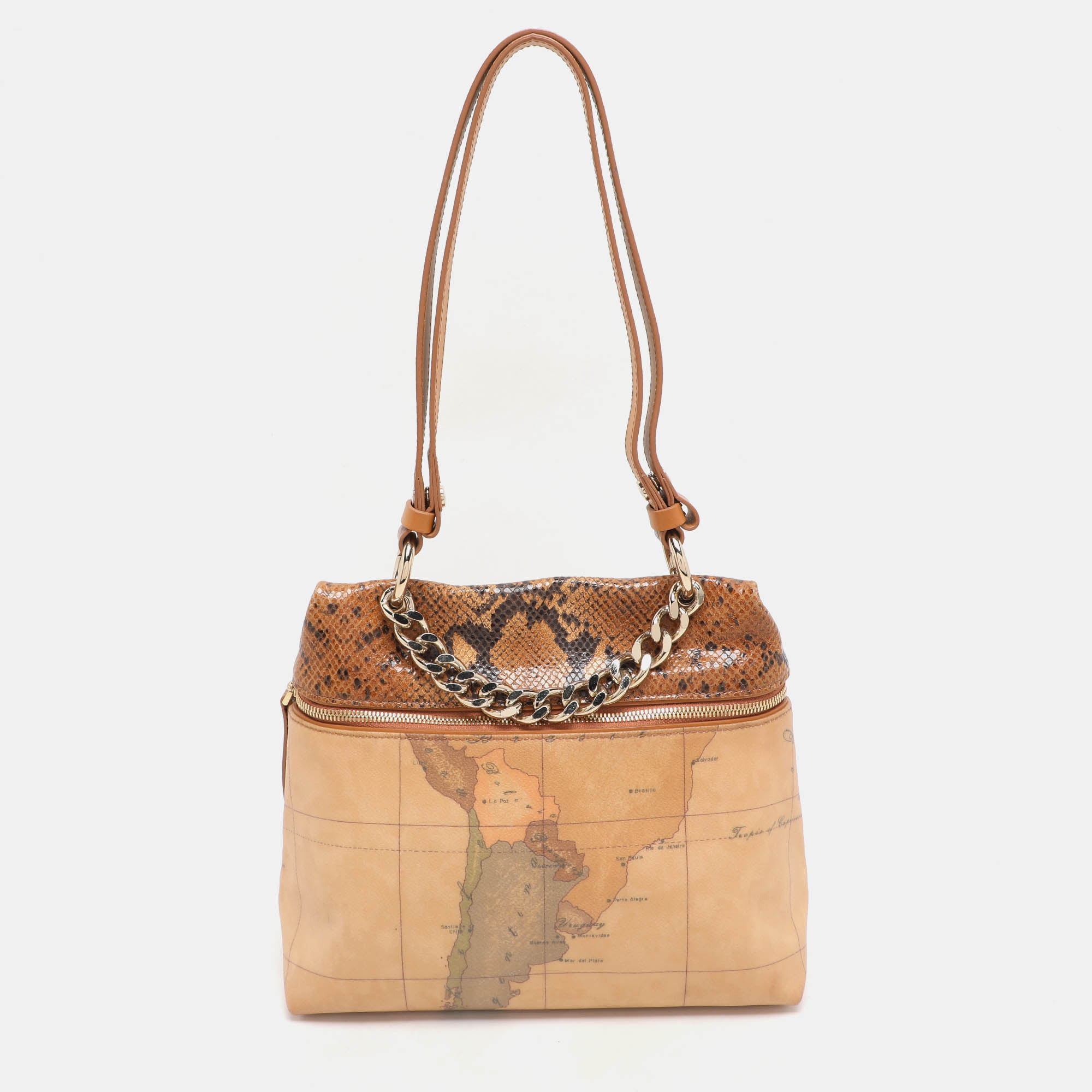 Alviero Martini 1A Classe Tan Geo Canvas and Python Embossed Leather Top Handle Bag, Satchels - Luxury Closet catalog