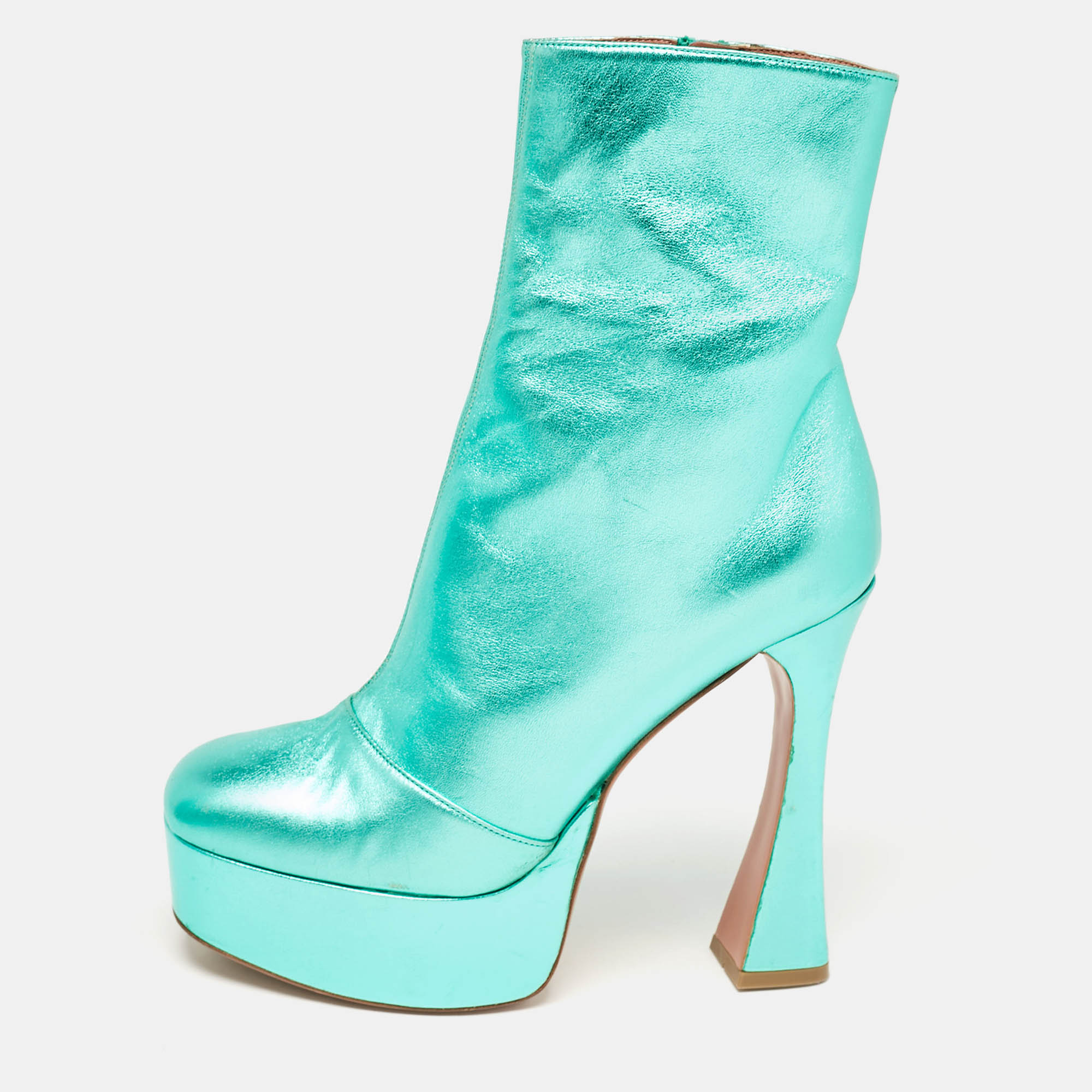Amina Muaddi Metallic Green Leather Platform Ankle Boots Size 39, Boots - Luxury Closet catalog