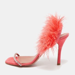 Amina Muaddi Pink Satin and Feather Crystal Embellished Adwoa Slingback Sandals Size 38.5, Sandals - Luxury Closet catalog