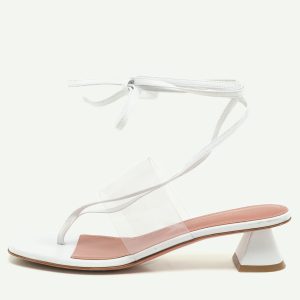Amina Muaddi White Leather and PVC Zula Ankle Wrap Sandals Size 37.5, Sandals - Luxury Closet catalog
