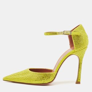 Amina Muaddi Yellow Satin Vittoria 105mm Crystal-Embellished Pumps Size 37, Pumps - Luxury Closet catalog