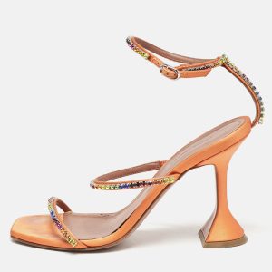 Amina Muaddi Orange Satin Rainbow Crystal Gilda Ankle Strap Sandals Size 38, Sandals - Luxury Closet catalog