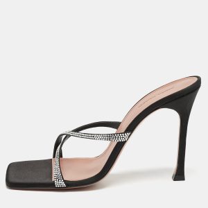 Amina Muaddi Black Satin Crystal Embellished Crisscross Adriana Slide Sandals Size 40, Sandals - Luxury Closet catalog