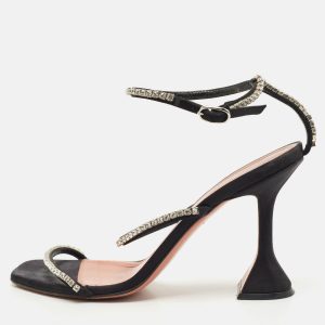 Amina Muaddi Black Satin Glida Crystals Ankle Strap Sandals Size 38.5, Sandals - Luxury Closet catalog