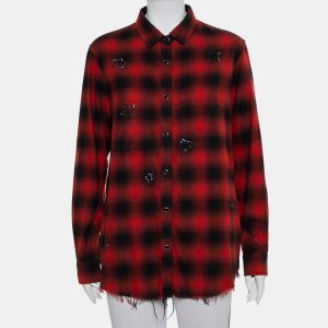 Amiri Red & Black Plaided Flannel Crystal Star Embellished Frayed Hem Shirt S, Shirts & Tops - Luxury Closet catalog