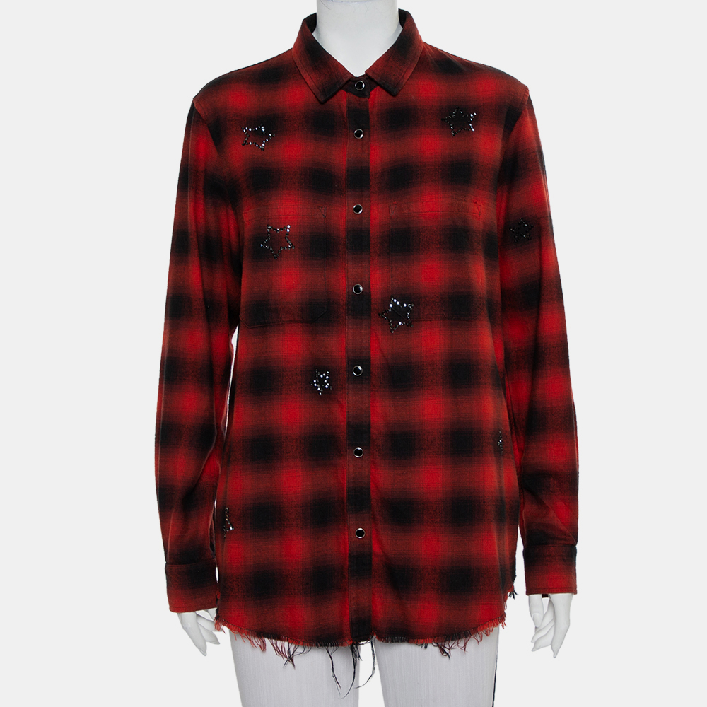 Amiri Red & Black Plaided Flannel Crystal Star Embellished Frayed Hem Shirt S, Shirts & Tops - Luxury Closet catalog