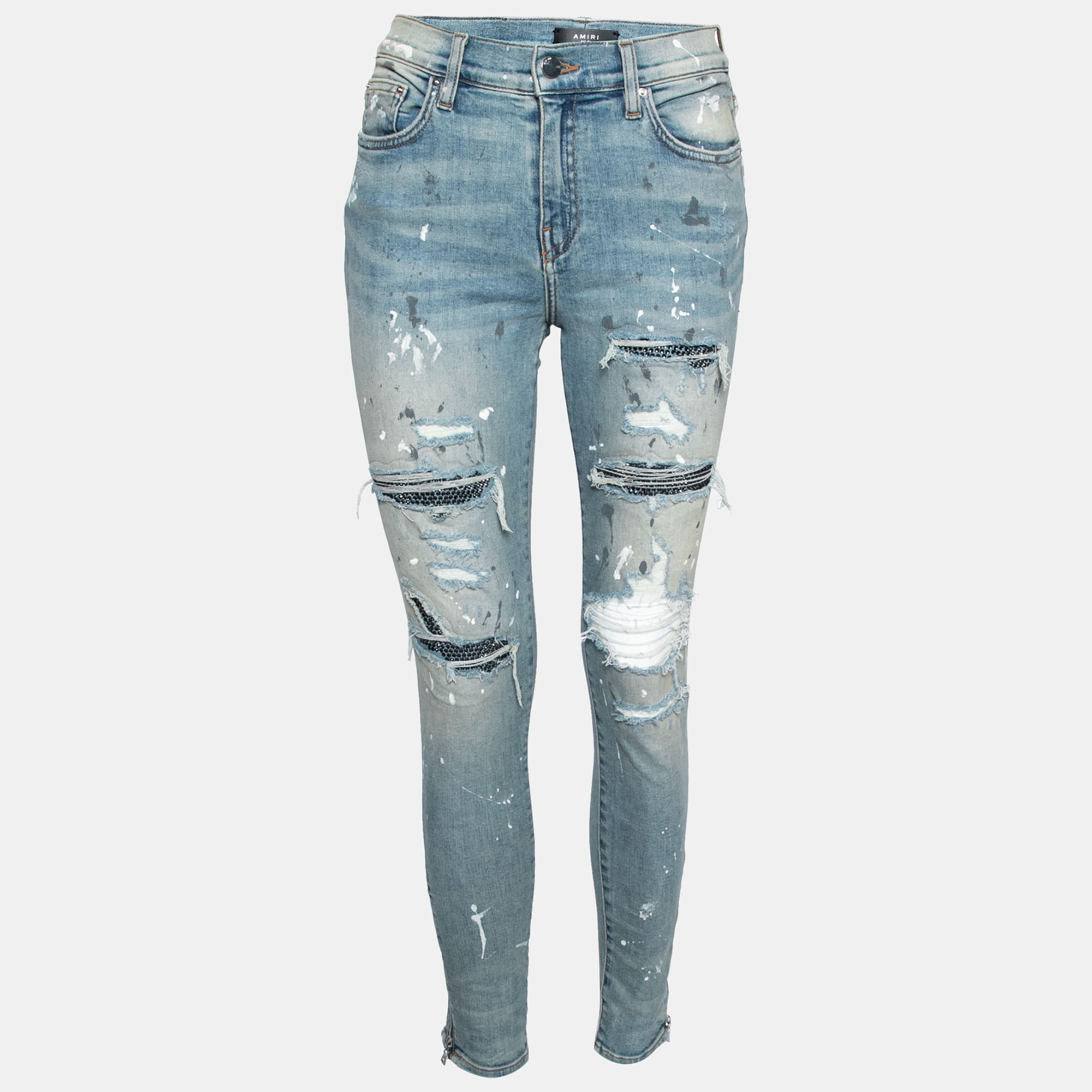 Amiri Blue Distressed Denim Crystal Embellished Inset Detail Skinny Jeans M, Jeans - Luxury Closet catalog