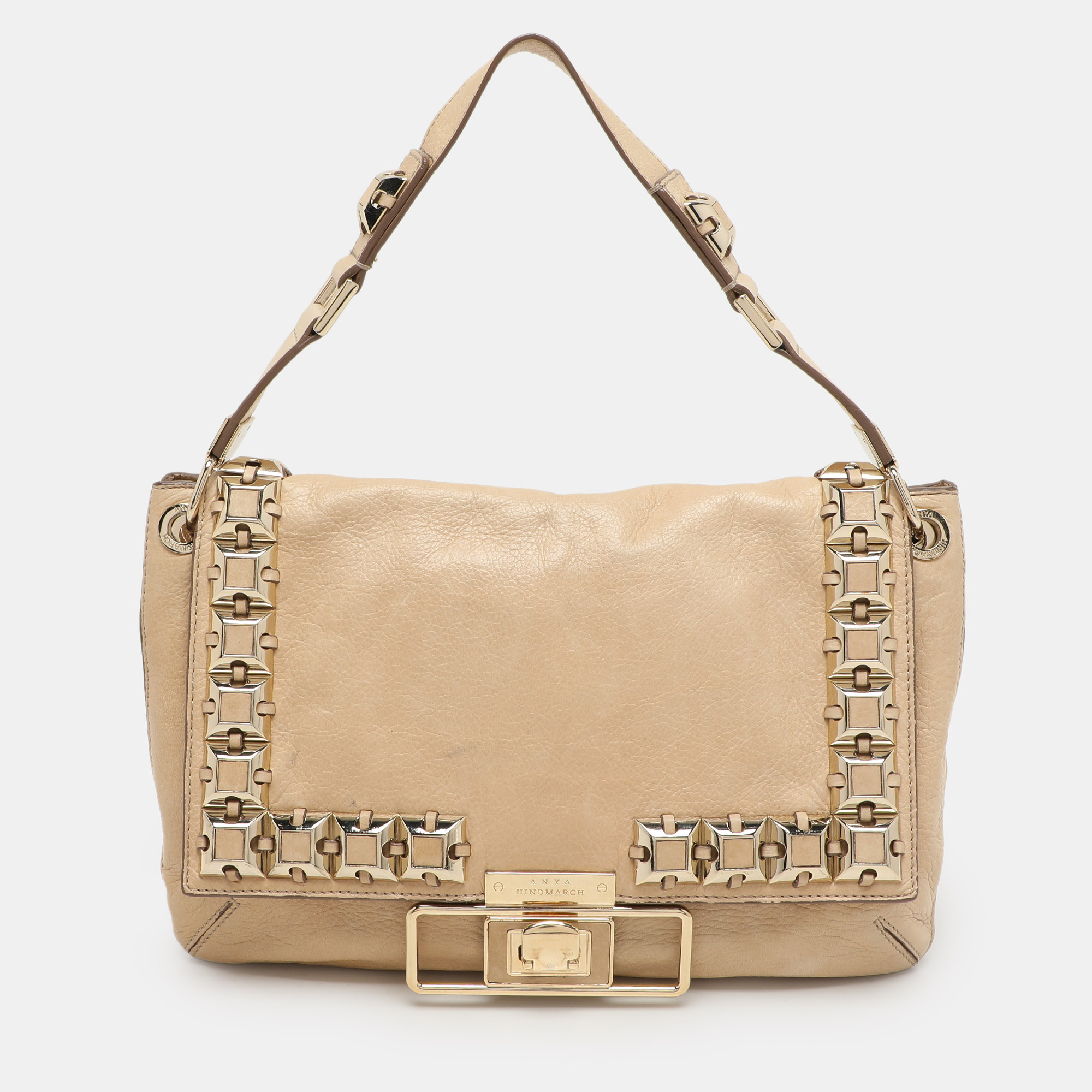 Anya Hindmarch Beige Leather Studded Flap Top Handle Bag, Shoulder Bags - Luxury Closet catalog