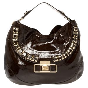Anya Hindmarch Dark Brown Patent Leather Studded Hobo, Shoulder Bags - Luxury Closet catalog