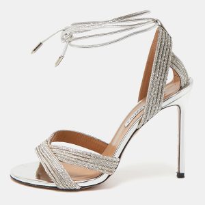 Aquazzura Silver Leather Crystal Embellished Ari Ankle Wrap Sandals Size 39, Sandals - Luxury Closet catalog