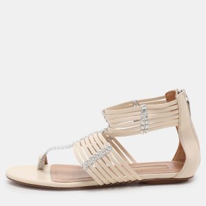 Aquazzura Beige/Silver Leather Ravello Gladiator Toe-Ring Flat Sandals Size 36.5, Sandals - Luxury Closet catalog