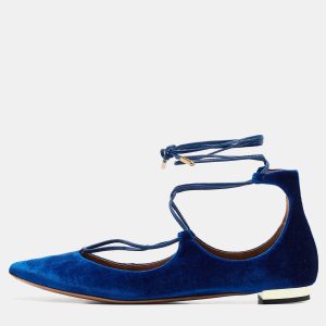 Aquazzura Blue Velvet Christy Ankle Tie Ballet Flats Size 38.5, Flats - Luxury Closet catalog