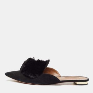 Aquazzura Black Suede Powder Puff Flat Sandals Size 39.5, Sandals - Luxury Closet catalog