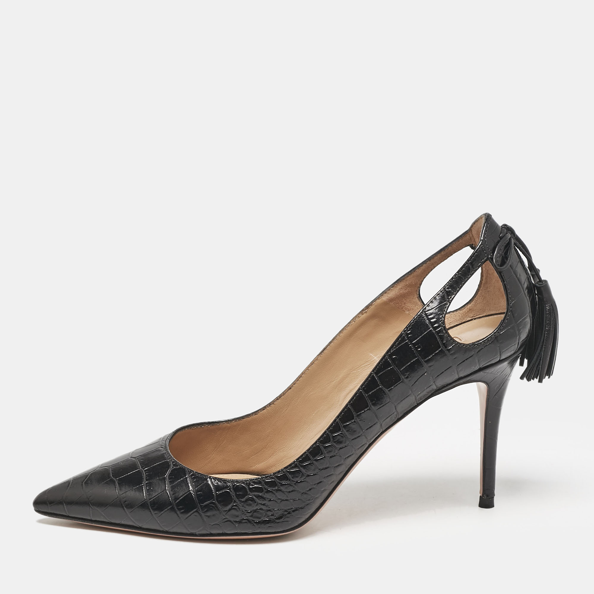 Aquazzura Black Croc Embossed Leather Forever Marilyn Pumps Size 37.5, Pumps - Luxury Closet catalog