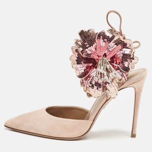 Aquazzura Pink Suede Disco Flower Embellished Ankle Tie Sandals Size 36.5, Sandals - Luxury Closet catalog