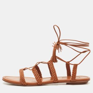 Aquazzura Tan Leather Braided Stromboli Flat Sandals Size 36.5, Sandals - Luxury Closet catalog