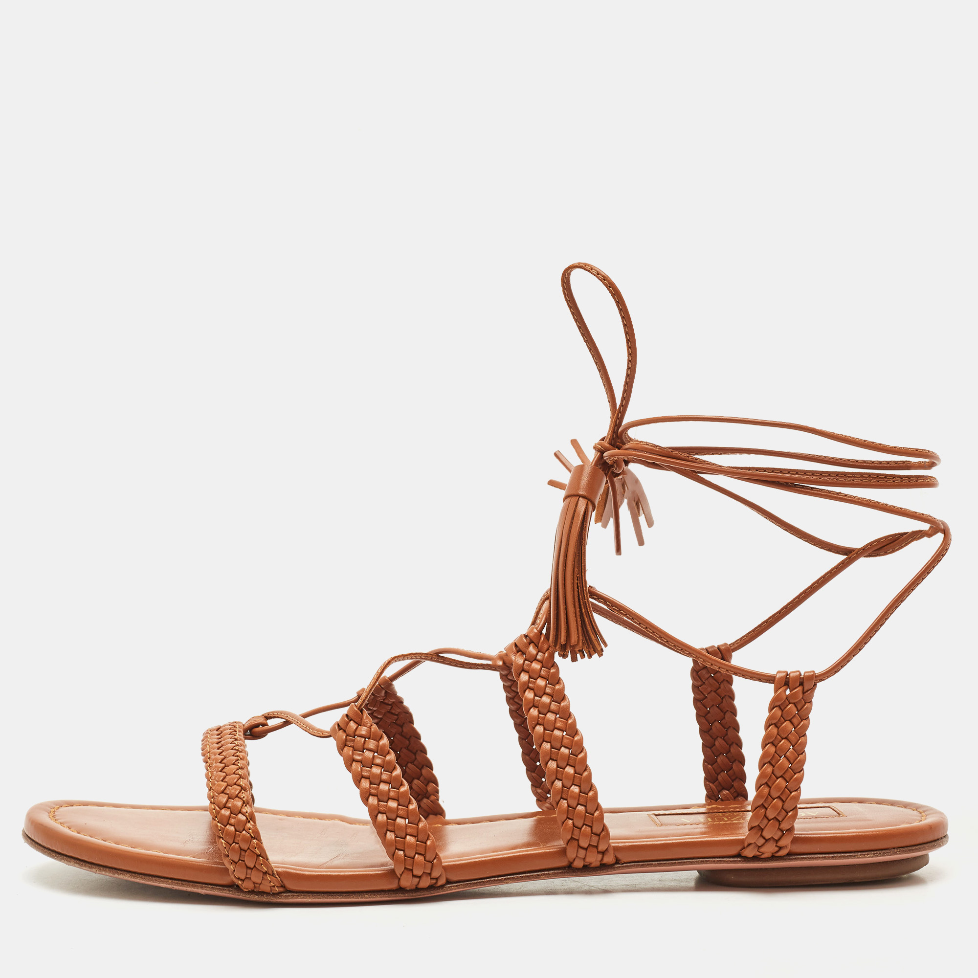 Aquazzura Tan Leather Braided Stromboli Flat Sandals Size 36.5, Sandals - Luxury Closet catalog