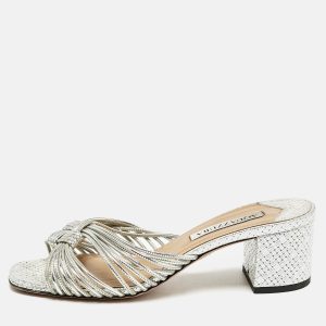 Aquazzura Metallic Silver Leather Club Twist Slide Sandals Size 36, Sandals - Luxury Closet catalog