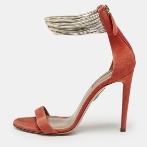 Aquazzura Orange/Gold Leather and Suede Ankle Strap Sandals Size 37, Sandals - Luxury Closet catalog
