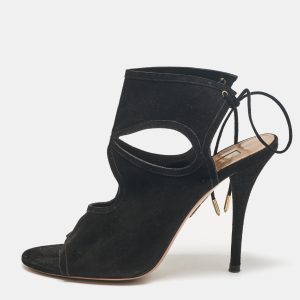 Aquazzura Black Cutout Suede Sexy Thing Peep Toe Sandals Size 37.5, Sandals - Luxury Closet catalog