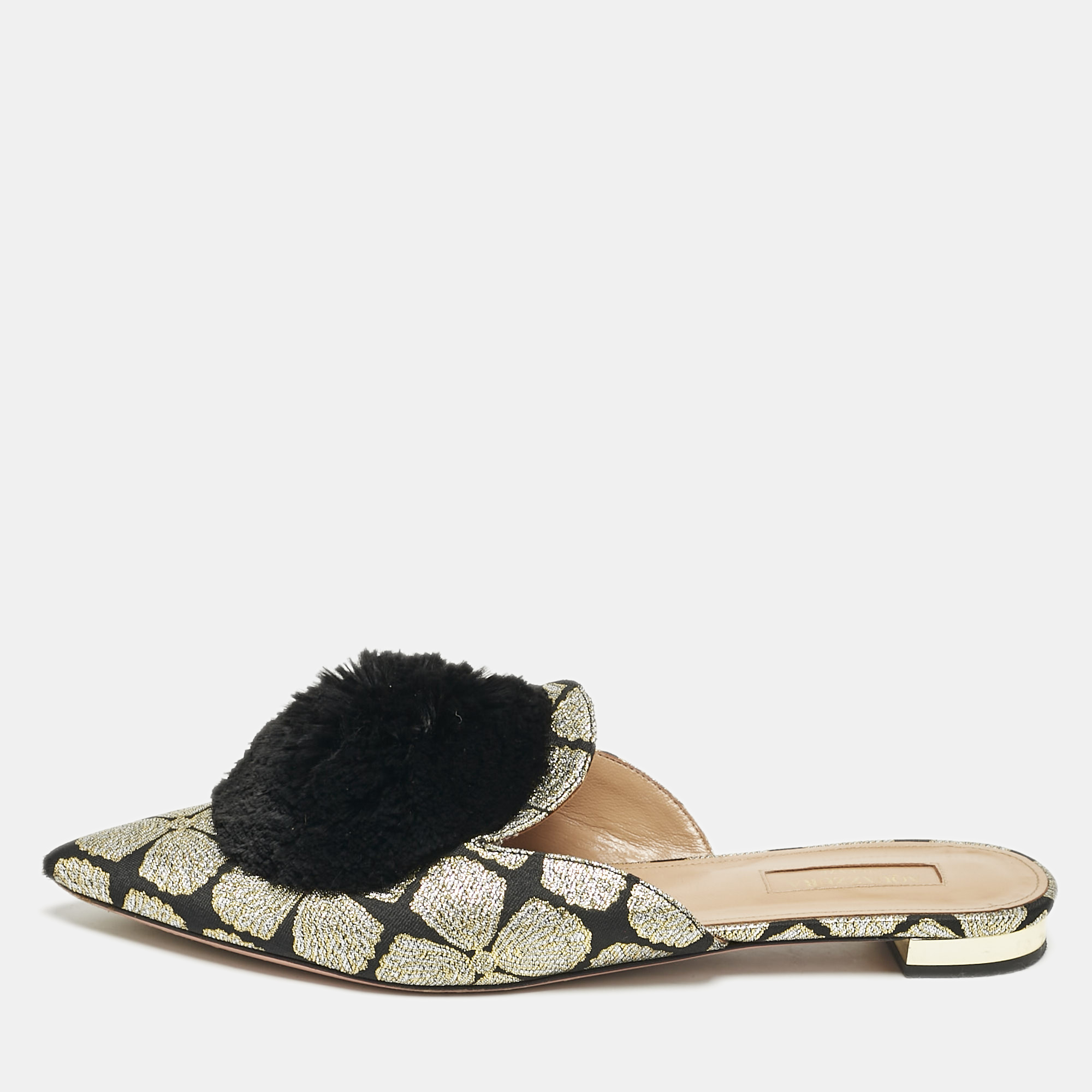 Aquazzura Black/Gold Floral Lurex Fabric Powder Puff Pom Pom Flat Mules Size 39, Flats - Luxury Closet catalog
