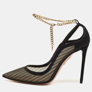 Aquazzura Black Mesh And Suede Bond Street Ankle Chain Pointed Toe Pumps Size 38, Pumps - Luxury Closet catalog