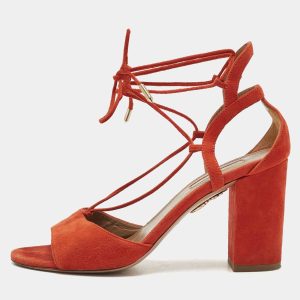 Aquazzura Orange Suede Ankle Strap Block Heel Sandals Size 37.5, Sandals - Luxury Closet catalog