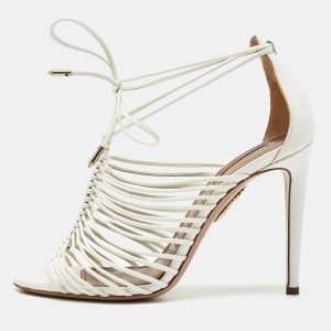 Aquazzura White  Leather Nadja Strappy Ankle Wrap Sandals Size 37.5, Sandals - Luxury Closet catalog