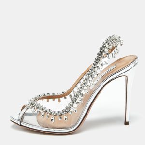 Aquazzura Silver PVC and Leather Temptation Peep Toe Pumps Size 38.5, Pumps - Luxury Closet catalog