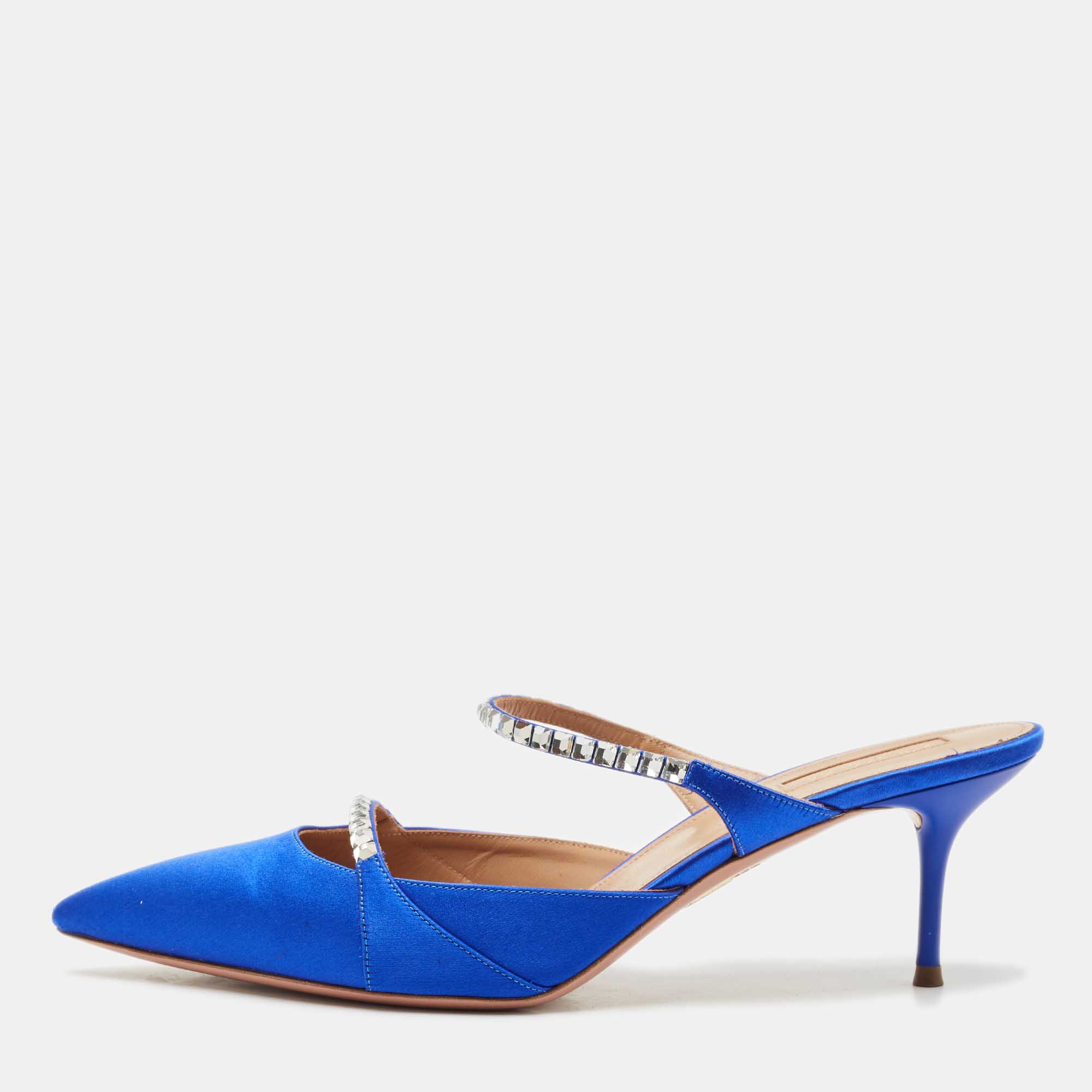 Aquazzura Blue Satin Crystal Embellished Mule Sandals Size 39.5, Sandals - Luxury Closet catalog
