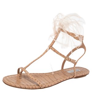 Aquazzura Beige Snake Embossed Leather Feather Trimmed T- Strap Sandals Size 39, Sandals - Luxury Closet catalog