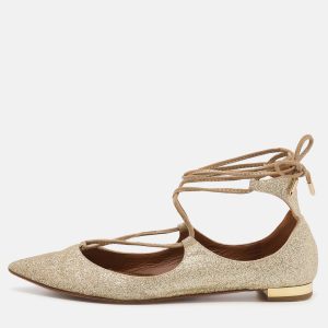 Aquazzura Metallic Gold Glitter Christy Lace Up Pointed Toe Ballet Flats Size 35.5, Flats - Luxury Closet catalog
