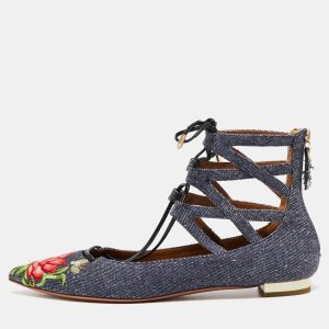 Aquazzura Blue Floral Embroidered Denim Christy Flat Sandals Size 38, Sandals - Luxury Closet catalog