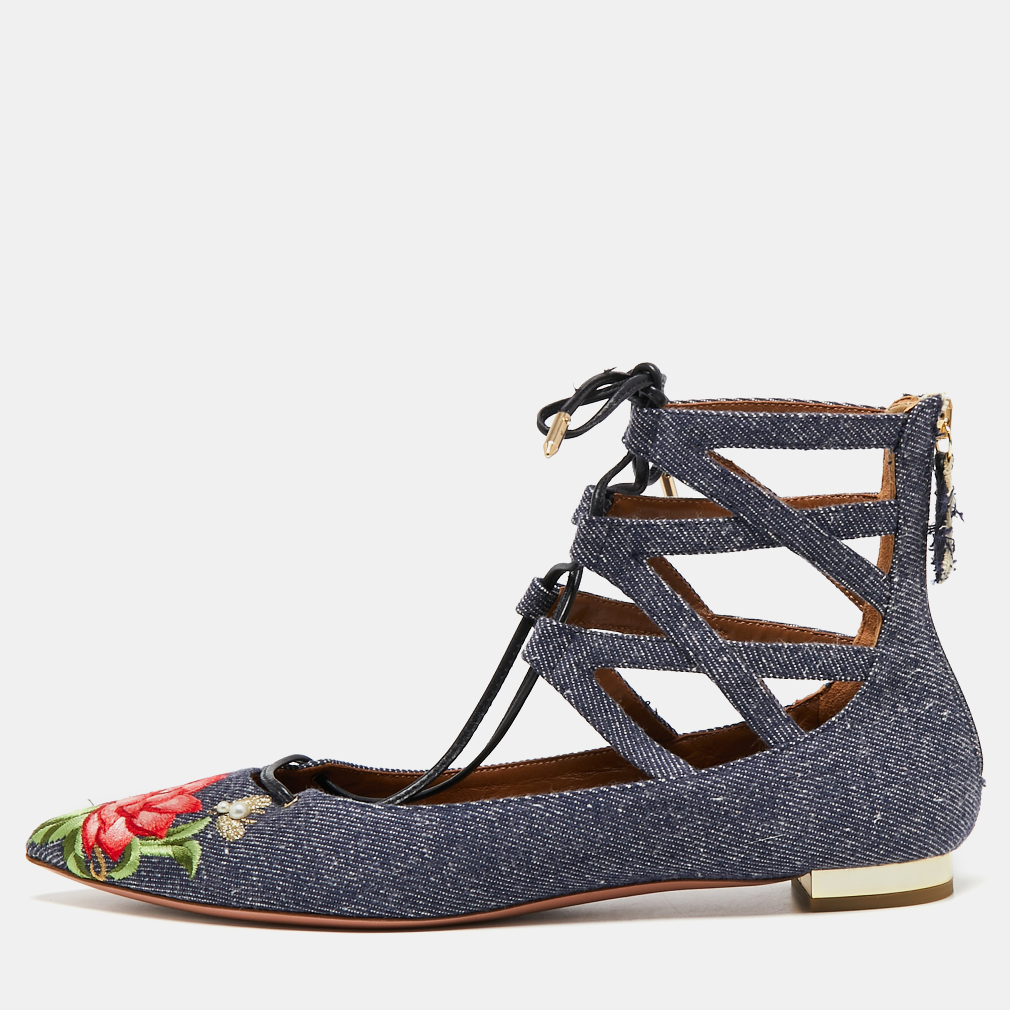 Aquazzura Blue Floral Embroidered Denim Christy Flat Sandals Size 38, Sandals - Luxury Closet catalog