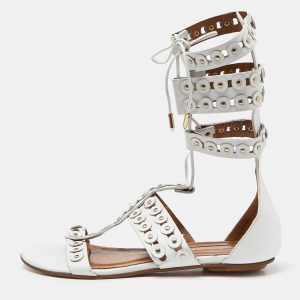 Aquazzura White Studded Leather Strappy Gladiator Flat Sandals Size 37, Sandals - Luxury Closet catalog